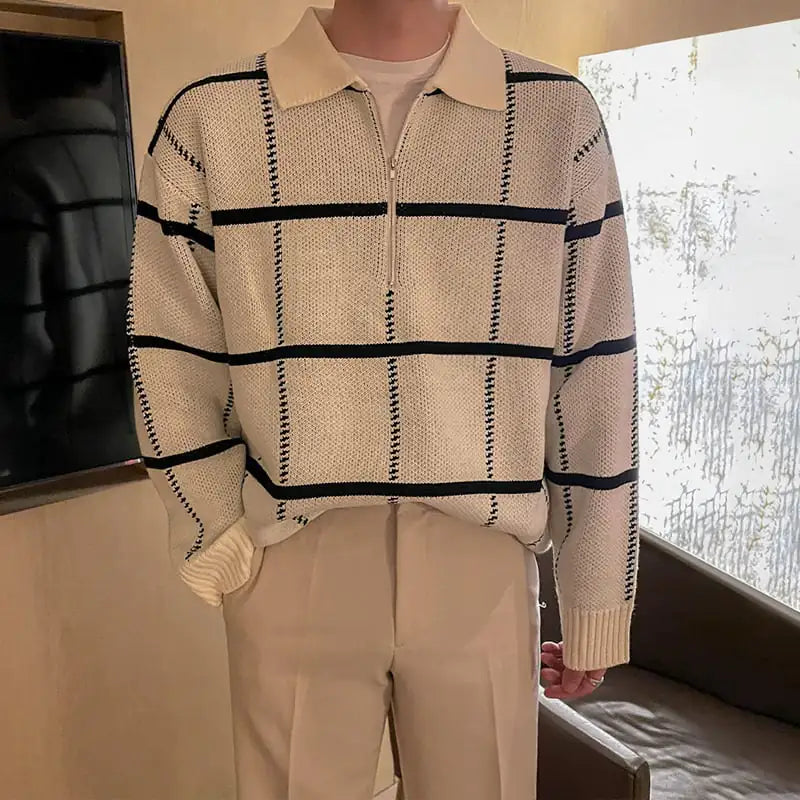 Men's Checkered Lapel Knit Polo Shirt - Casual Business Wear