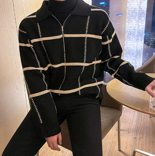 Men's Checkered Lapel Knit Polo Shirt - Casual Business Wear