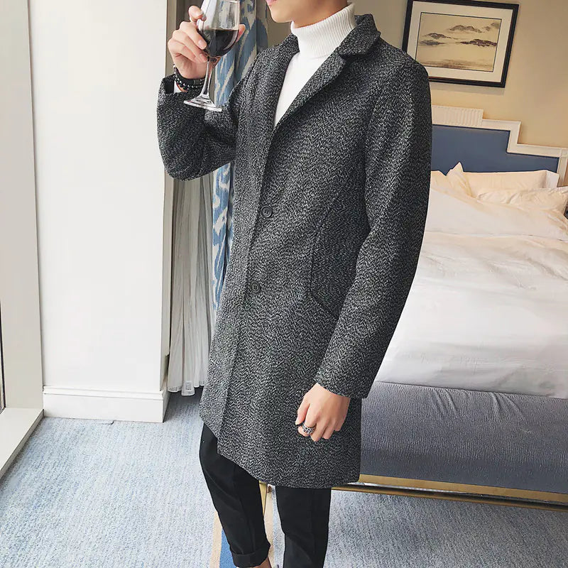 Korean Men's Mid-Length Woolen Coat - Large Size NF06