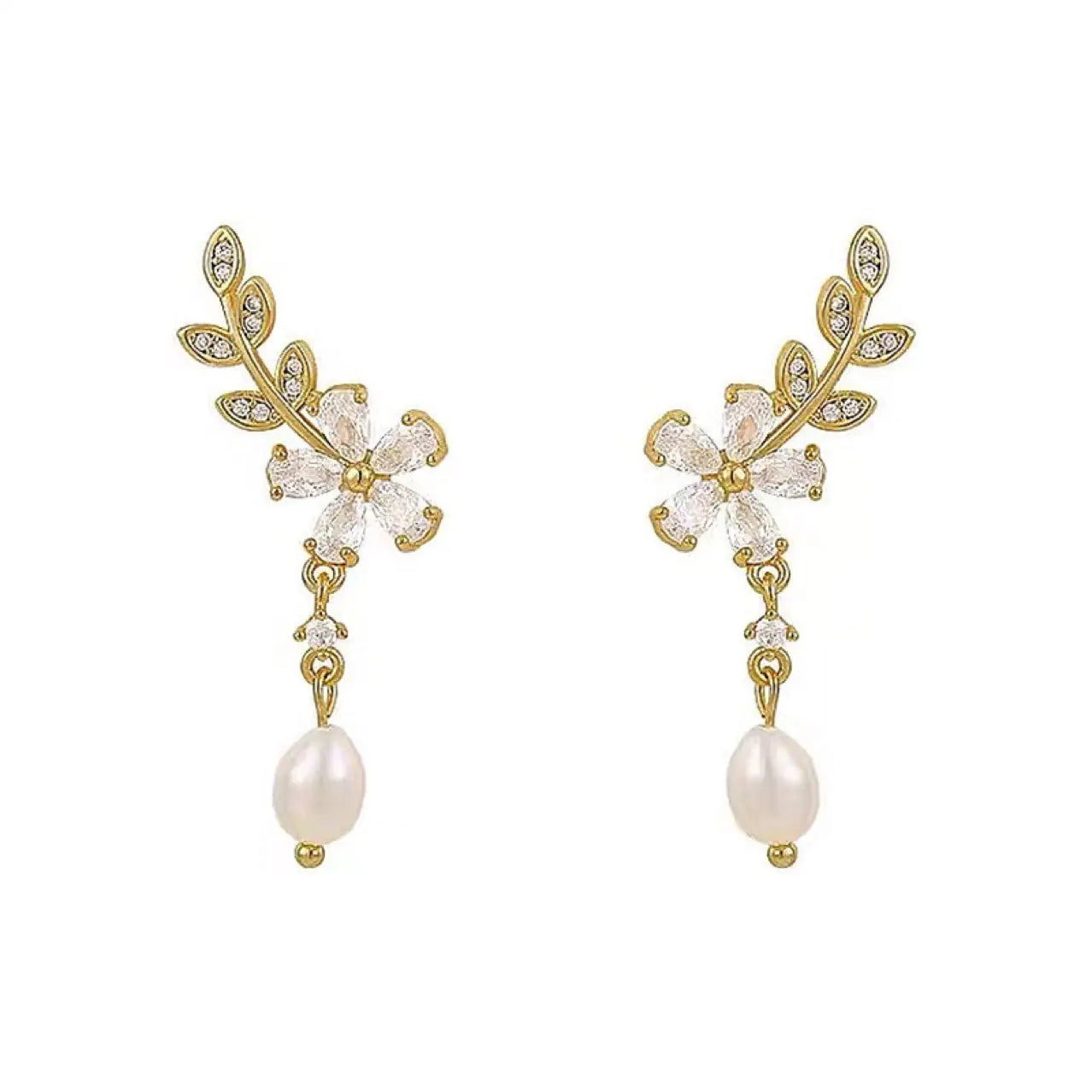 Elegant Floral Pearl & Zircon Stud Earrings - Delicate Jewelry