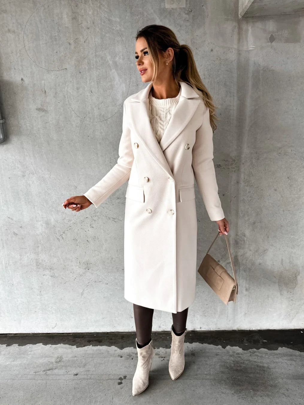Elegant Double-Breasted Long Coat - Women's Winter Outerwear