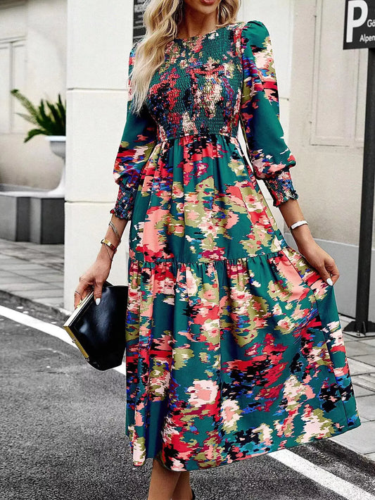 Elegant Printed Long Sleeve Dress - Women's Fashion Dress