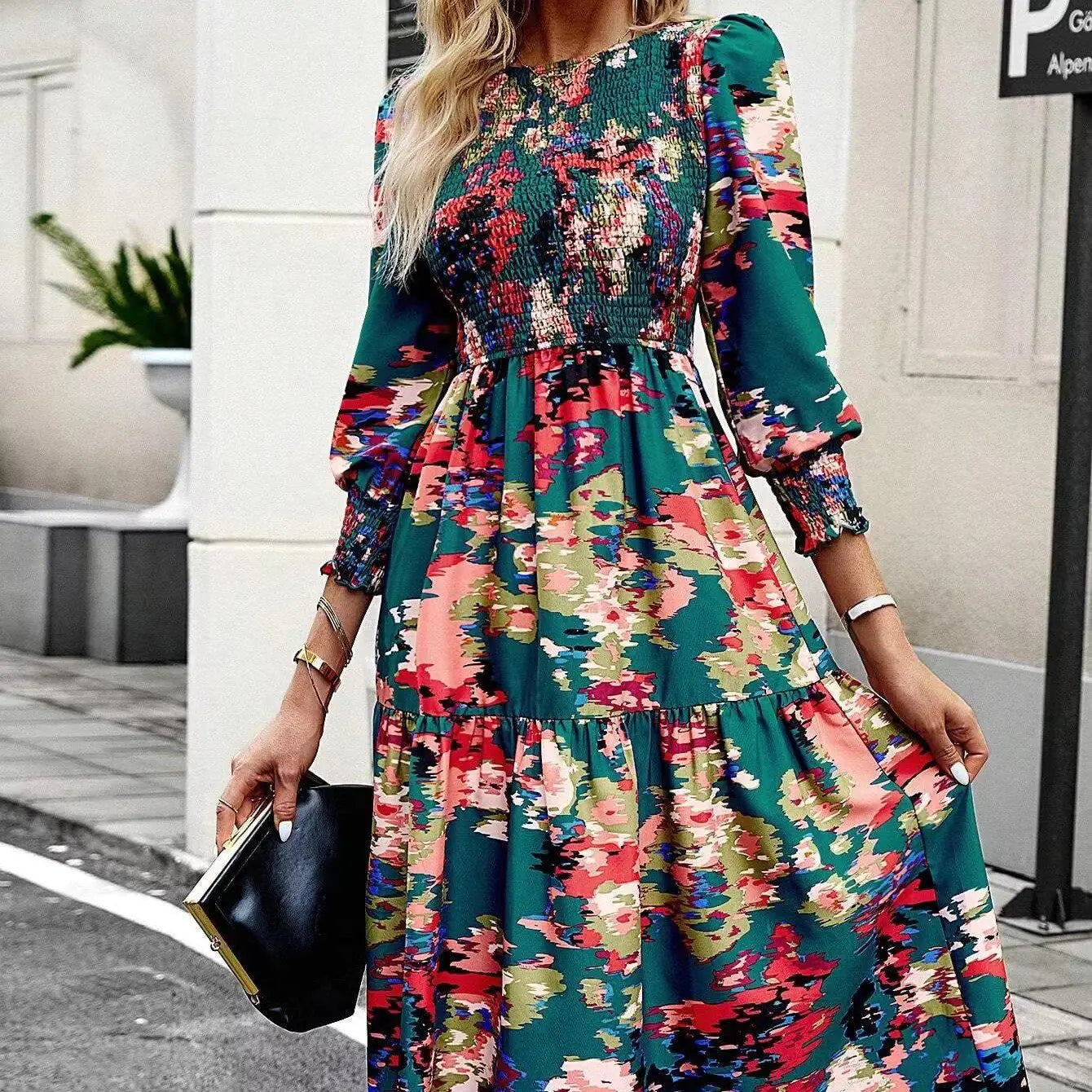 Elegant Printed Long Sleeve Dress - Women's Fashion Dress