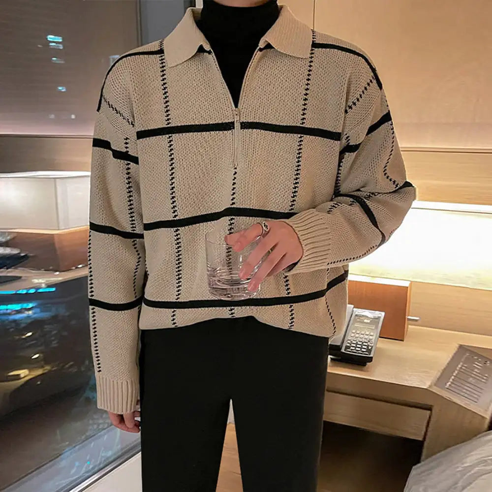 Men's Checkered Lapel Knit Polo Shirt - Casual Business Wear