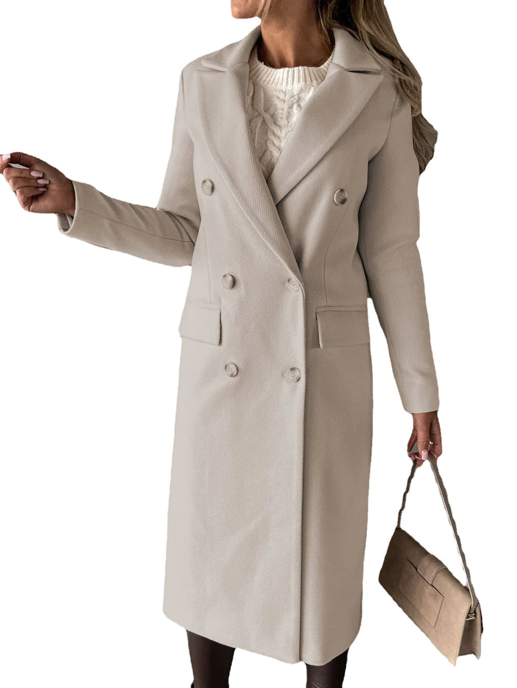 Elegant Double-Breasted Long Coat - Women's Winter Outerwear