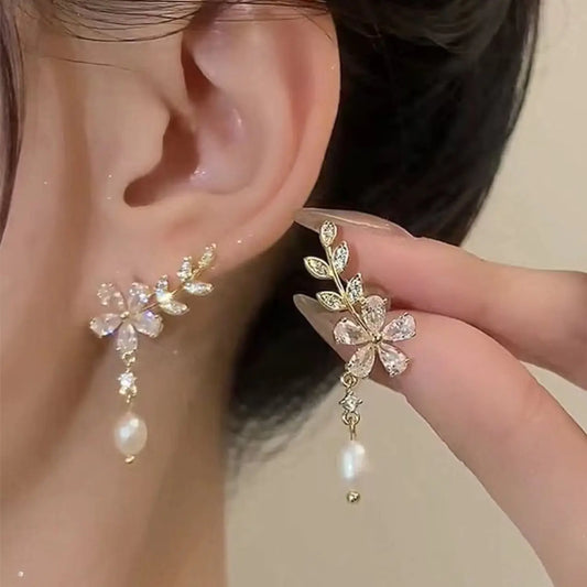 Elegant Floral Pearl & Zircon Stud Earrings - Delicate Jewelry